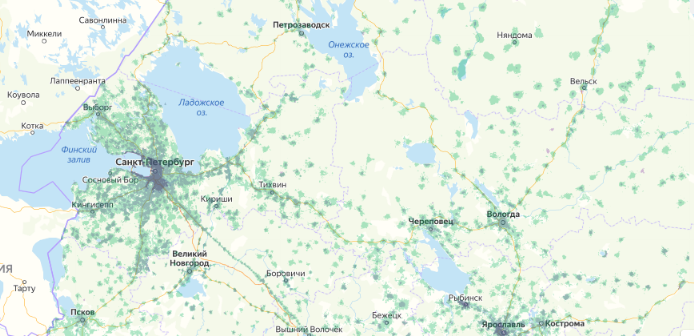 Зона покрытия МТС на карте Белгород 